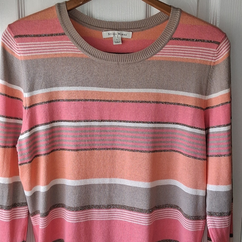 Lightweight Stripe Crewneck Sweater Pink, Peach, Small Gold Sparkle Stripes
